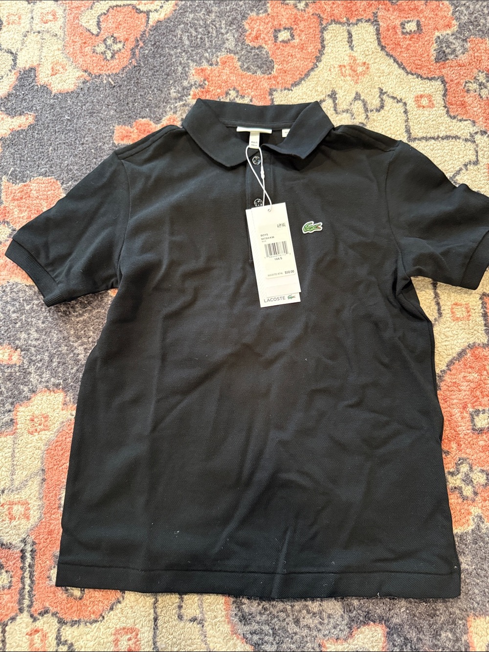 Lacoste Black Boys' Short-Sleeve Polo with Green Crocodile Logo